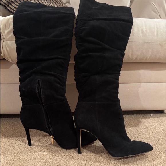Vince Camuto Black Velvet Suede Ruched Knee-High Zip Up Boots - Picture 1 of 4